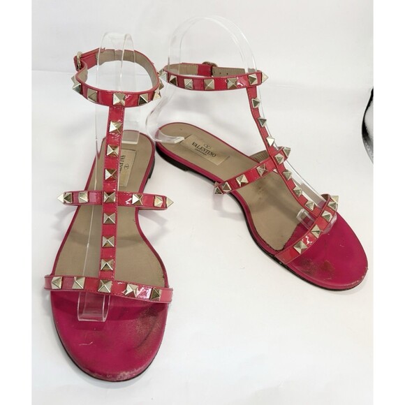Valentino Garavani Rockstud Patent Leather Sandals Hot Pink Gold Stud Sz EU 37 7 - Picture 4 of 12
